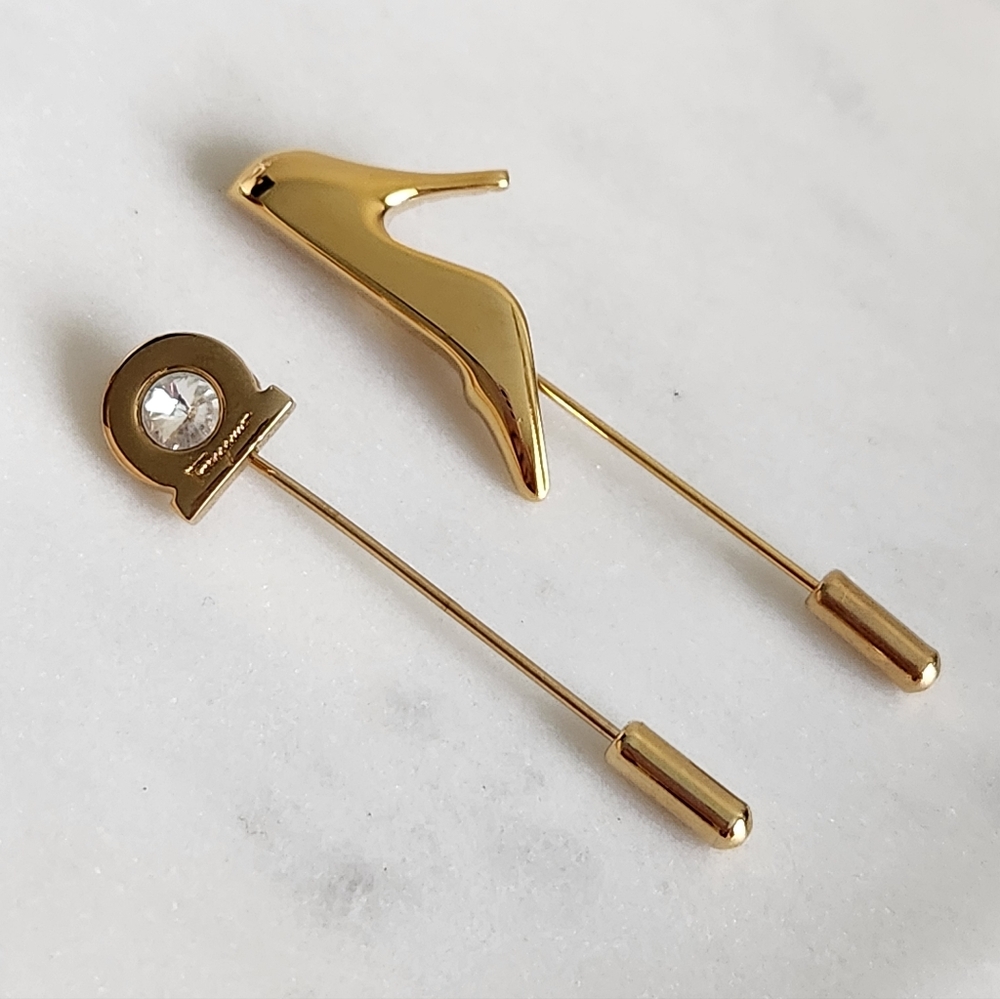 Salvatore Ferragamo Gold Tone High Heel Or Gancini Logo Crystal Pin Brooch